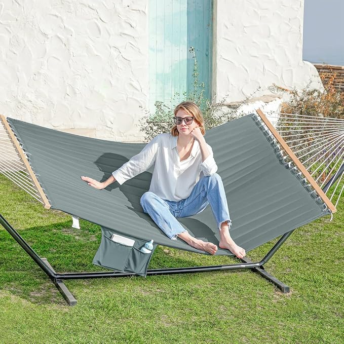 GAFETE 2 Person Hammock with Stand for Outside, Heavy Duty Steel Stand, Double 55inch Hammocks, Large Removable Pillow, Storage Bags, Max 475 lbs Capacity (Mist Green)
