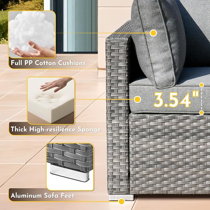 Weaxty 11 Piece Patio Furniture Set with Fire Pit Table, Outdoor Sectional Couch Swivel Rocker Patio Chairs with Coffee Table Wicker Conversation Sets for Balcony Backyard, Dark Gray