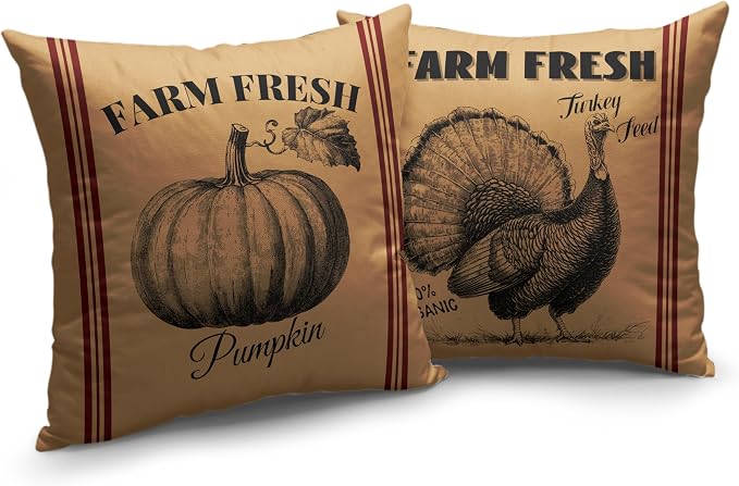 Fall Pillow Covers 24x24 Set of 2 Vintage Farmhouse Throw Pillow Covers Retro Farm Fresh Turkey Pumpkin Pillowcase Thanksgiving Cushion Case for Home Decor Couch Sofa