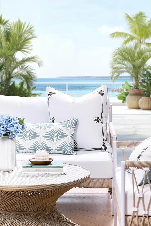 Hofdeco Premium Coastal Hampton Patio Indoor Outdoor Lumbar Pillow Cover Only, 12"x20" Water Repellent for Backyard, Couch, Poolside, Celadon Green Print Abstract Plam Leaves