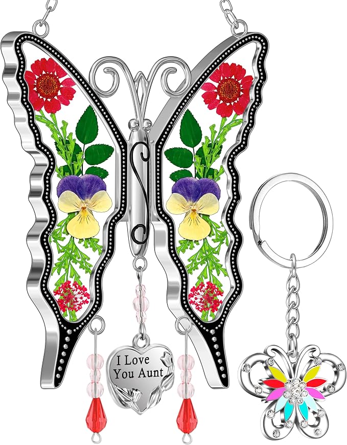 KY&BOSAM Gifts for Aunt Butterfly Suncatcher Stained Glass Windows Hanging | Keychain for Wind Chime,I Love You Aunt Charm,Pressed Real Flowers,Glass,Gifts for Aunt Birthday Mothers Day Christmas