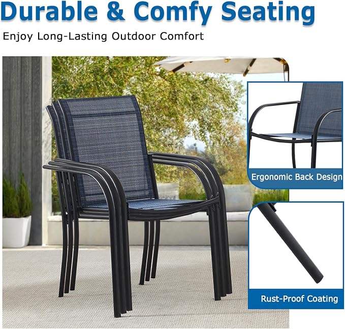 5 Piece Patio Dining Set for 4, 37.5” Black Square Table with Umbrella Hole and 4 Dark Blue Patio Stackable Chairs, Patio Table and Chairs for Backyard, Lawn, Deck & Garden