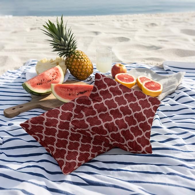 Deep Red Morocco Outdoor Pillow Covers 24x24 Inch Throw Pillow Covers Set of 2 Waterproof Decorative Pillow Cases Retro Farmhouse Quatrefoil Plaid Cushion Covers for Patio Furniture Garden Couch Sofa