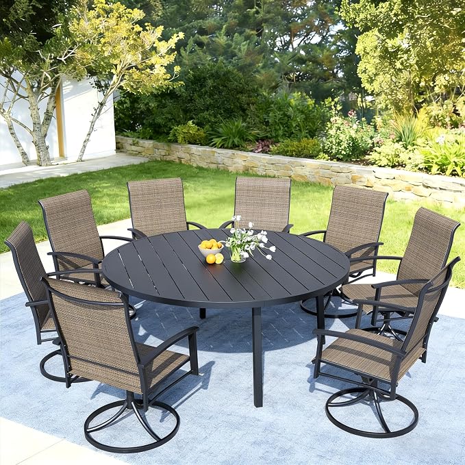 9 Piece Patio Dining Set - Round Patio Table & 8 Swivel Rocking Patio Chairs, Outdoor Patio Furniture with Textilene Fabric High Back Chairs for 8 Person, Mocha