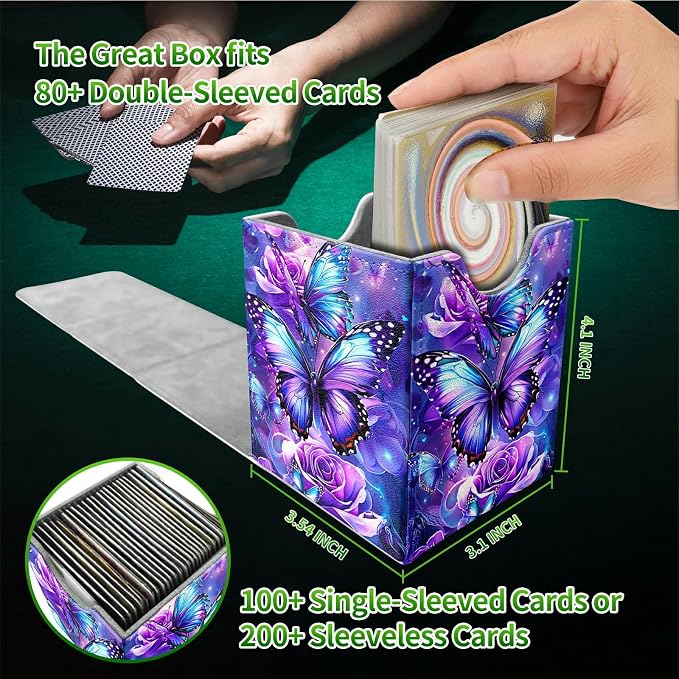 Deck Box for MTG, Cards Storage Box Fits 120+ Sleeved, Leather Medium Size Strong Magnetic Closing Card Case for Board Games Magic TCG CCG Baseball Collection, Purple Butterfly Flower