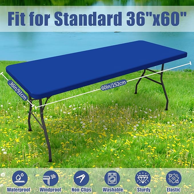 Moosfor Spandex 5 Foot Rectangle Table Cloth 2 Pack, Elastic Fitted Tablecloths for Picnic, Stretch Washable Patio Table Cover for Outdoor, Camping, Banquet and Parties (Blue, 36"x60")