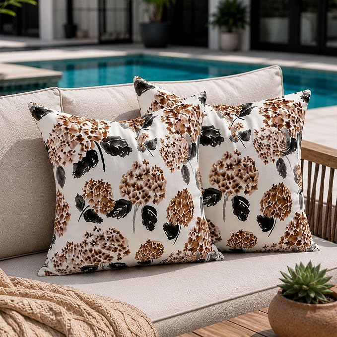 DFXSZ Outdoor Pillow Covers 18x18 Inch Set of 2 Brown Hydrangea Decor Waterproof Throw Pillow Covers Spring Summer Outdoor Waterproof Pillowcases Decor for Patio Funiture Garden Sofa Couch 026C18