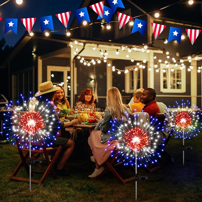 Tujoe 6 Pcs 4th of July Solar Firework Lights Patriotic Solar Light Outdoor Garden 120 LED 8 Modes Waterproof LED Sparkler Light for 250th Anniversary Patio Yard Pathway Walkway (Colorful)