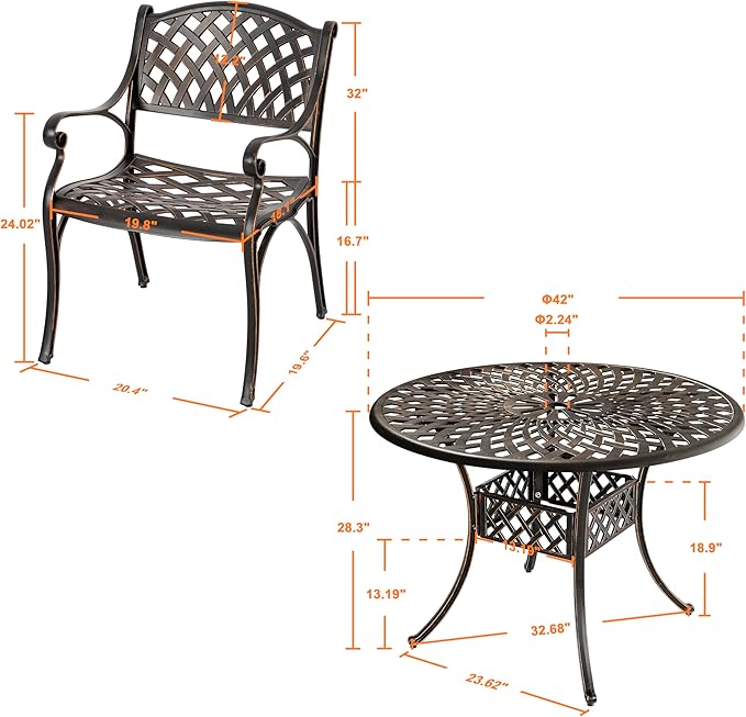 NUU GARDEN 5 Piece Outdoor Patio Dining Set, Cast Aluminum Round Dining Table with Umbrella Hole and Patio Dining Chairs for Patio, Garden, Backyard, Balcony, Black with Gold-Painted Edges