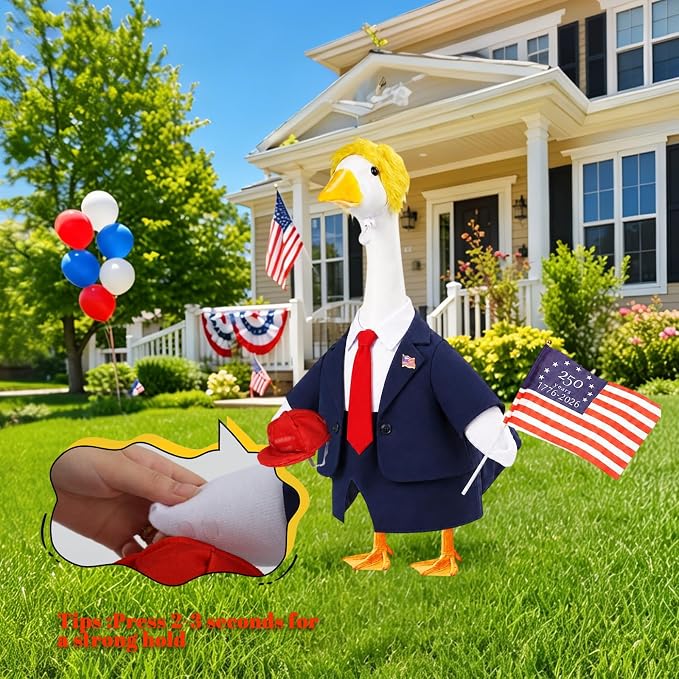 Porch Goose Outfit with Wig Hat for 23 Inch Goose Statue,Outdoor Yard Decor | USA Flag 250th Anniversary Design, Patriotic Porch Goose Clothes with Hat Wig Pin, Outdoor Yard Lawn Patio Holiday Decor