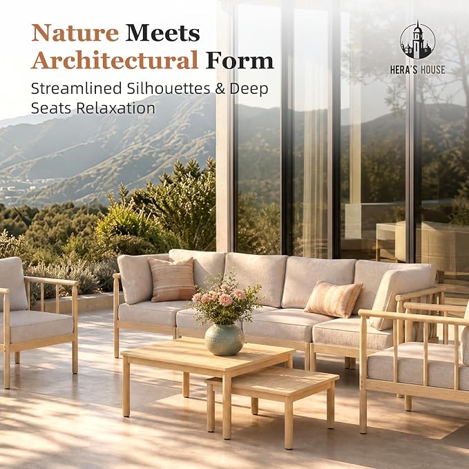 HERA'S HOUSE Patio Furniture,Acacia Wood Outdoor Sectional Sofa with 5.5" Ultra-Thick Cushions,Patio Conversation Set,Lawn Garden Backyard Couch Set with Nesting Tables,Beige