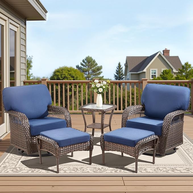 5 Pieces Patio Furniture Set, All Weather Wicker Swivel Rocker Patio Chairs with Ottomans Rattan Side Table, Outdoor Seating Furniture Conversation Sets for Deck Porch Sunroom, Blue