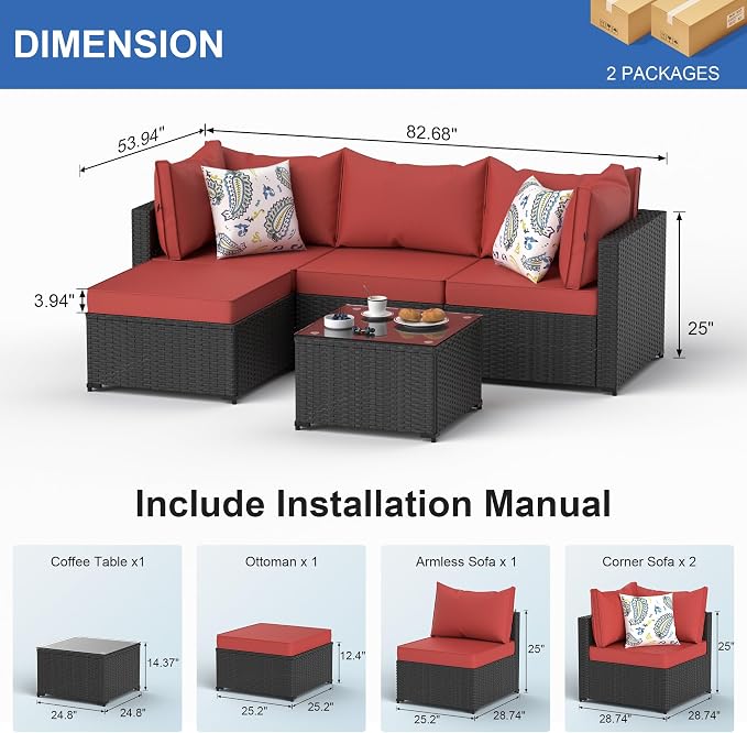 Patio Furniture Set, 6PCS Patio Sectional w/ Fire Pit Tabel Ottoman Wicker Rattan Outdoor Furniture with Thickened Cushion Modular Wicker Patio Conversation Set with Glass Top Table for Balcony(Red)