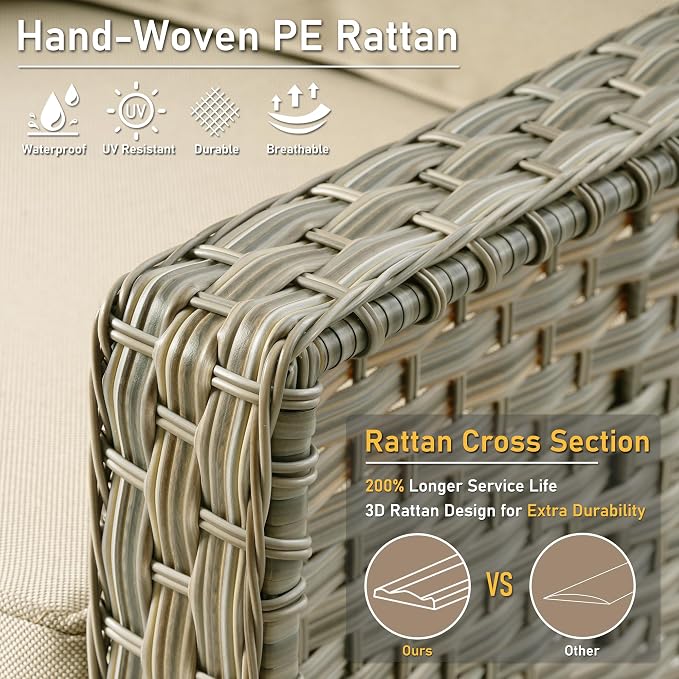 HOOOWOOO Patio Couch,Outdoor Wicker 3 Seater Sofa,All Weather Resistant High Back Rattan Deck Matching Furniture(Beige Tan)