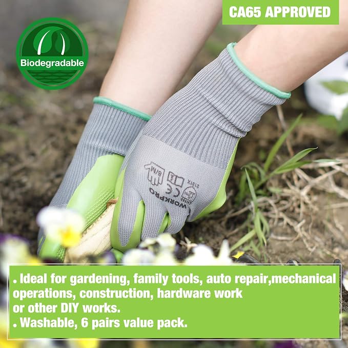 6 Pairs Eco Latex Palm Coated Garden Work Gloves by WORKPRO | Abrasion Resistance, Flexibility, Lightweight and Comfortable, Gardening Gloves for Weeding, Raking, Planting and Pruning