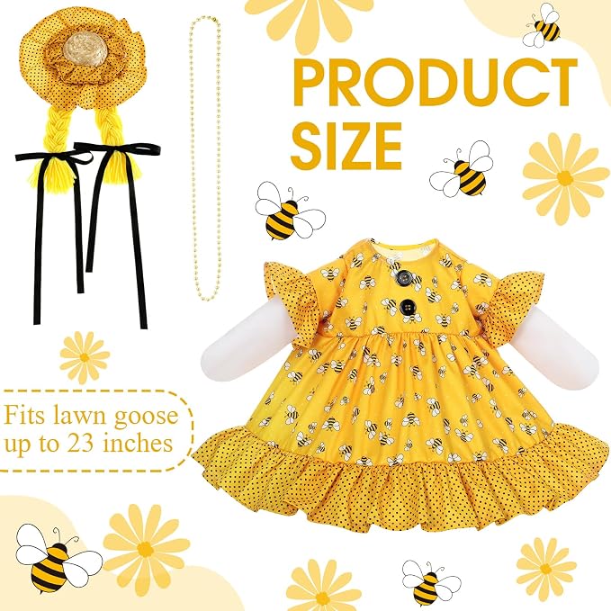 Spring Summer Yellow Bee Porch Goose Outfit for 23'' Goose Clothes Yellow Skirt with Hat for Spring Summer Outdoor Garden Yard Patio Lawn Decor(Bee)