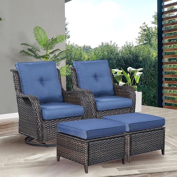 Rilyson Luxury 4 Pieces Patio Wicker Furniture Set, Outdoor Rattan Bistro Set with Rocking Swivel Chair, Ottoman and Thickened Cushions (Brown/Blue)