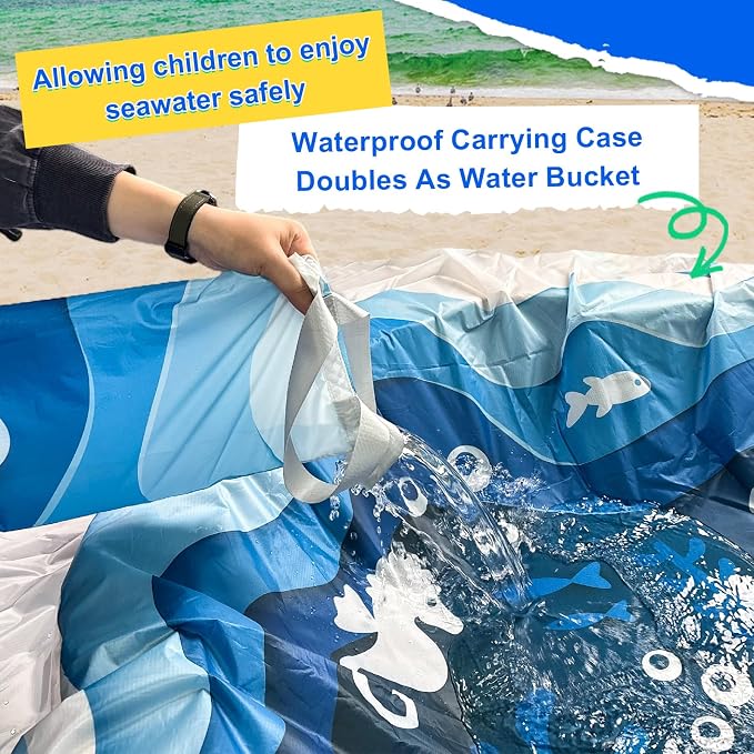 6.5 X 6.5Ft Baby Beach Pool, 2 in 1 Square Portable Cartoon Ocean Theme Toddler Beach Puddle, Waterproof Sandproof Cute Toddler Paddling Pool Beach Blanket with Carrying Bag for Boys Girls