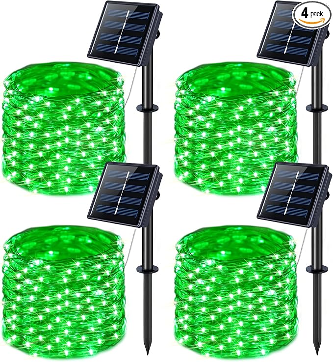 JMEXSUSS 4 Pack Solar Fairy Lights, 100 LED 33FT Green Halloween Lights | Outdoor Waterproof, 8 Modes Copper Wire Solar String Lights for Patio Garden Yard Tree Christmas Halloween Decorations