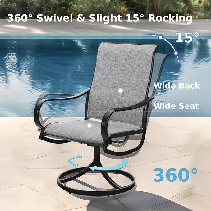 MFSTUDIO Outdoor Dining Set for 6, Patio Furniture Set with Navy Umbrella (Base not Included), Outdoor Metal Table and Light Grey Swivel Chairs Set for Patio, Deck, Backyard, Garden