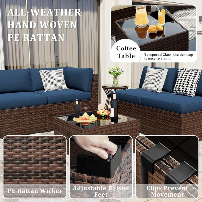 Patio Furniture Set, 5 Pieces Outdoor Sectional Sofa Set, PE Wicker Rattan Slanted Back Outdoor Conversation Set with Cushions and Glass Coffee Table, Navy Blue