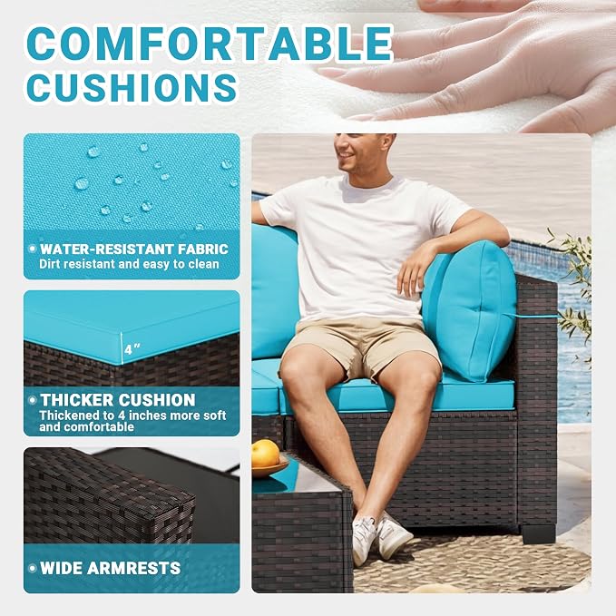 LEVELEVE 7-Piece Outdoor Patio Furniture Sets, Manual Weaving Rattan Conversation Sectional Sofa with Tempered Glass Coffee Table, All-Weather PE Wicker & Thick Cushions for Garden, Backyard, Porch