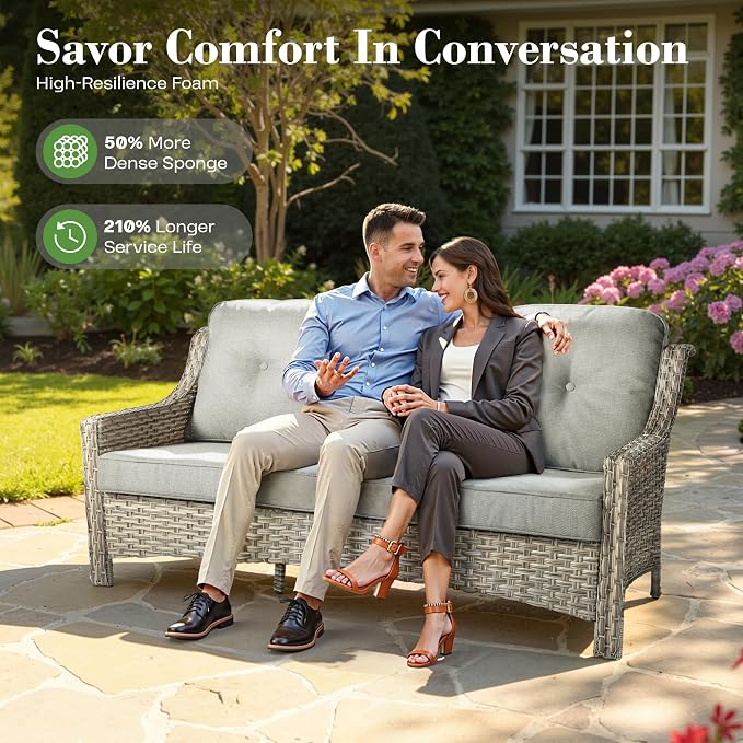 ovios 6 Piece Outdoor Patio Furniture with 3 Seat Sofa,Rattan Wicker Coversation Set with High Back,Sectional Single Sofa with Ottoman for Outside Porch Balcony Backyard Pool, Dark Grey