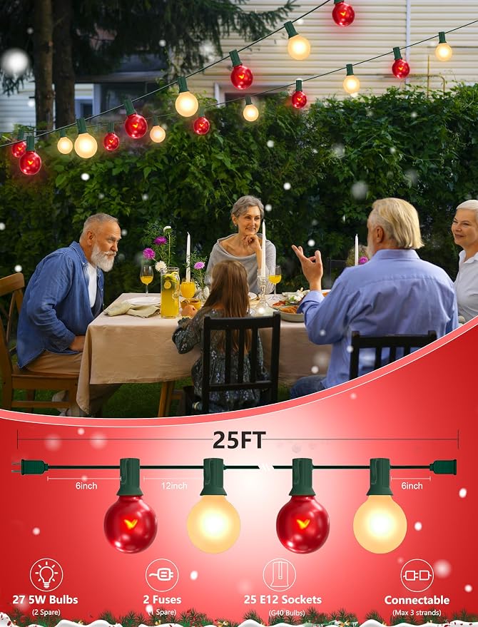 SUNSGNE G40 Frosted Red and White Christmas Lights, 25FT Christmas Round Lights with 25 Frosted Red and White Globe Bulbs for Outdoor Indoor Xmas Pergola Gazebo Patio Yard Decorations