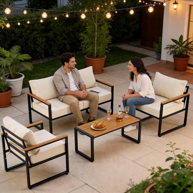 Furnimart 4-Piece Metal Patio Conversation Set, Deep Seating Outdoor Sofa with Coffee Table, Modern Small Space Furniture for Backyard, Deck, Poolside, Porch (Beige)