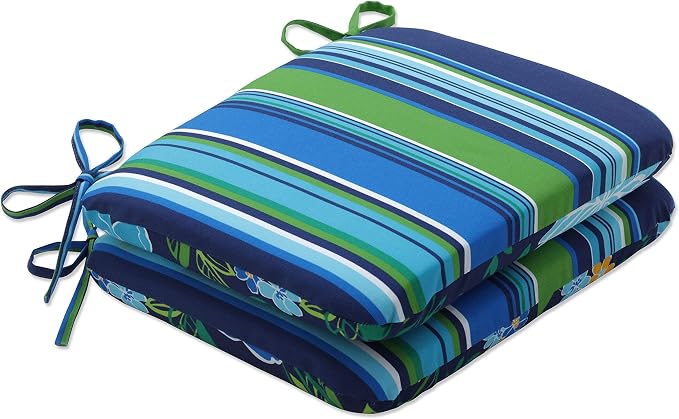 Pillow Perfect Reversible Floral Stripe Indoor/Outdoor Round Corner Chair Seat Cushion with Ties, Plush Fiber Fill, Weather, and Fade Resistant, 15.5" x 18.5", Blue/Yellow Spring Bling, 2 Count