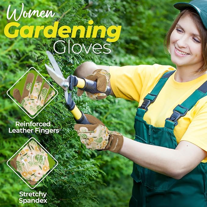 HANDLANDY Gardening Gloves for Women, Leather Garden Glove, Gardener Gift | Breathable Floral Ladies Leather Garden Yard Gloves, for Trimming, Weeding, Digging, Planting, Pruning