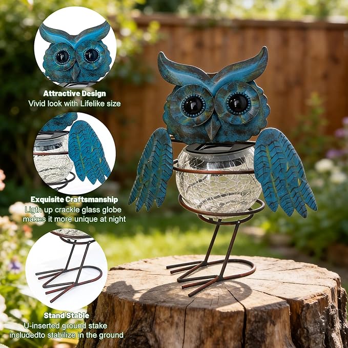 HONGLAND Solar Lights Outdoor Garden Owl Decor, Vibrant Blue Owl Solar Light Outdoor Waterproof with Glowing Crackle Glass Globe, Metal Yard Art Statue for Lawn Porch Patio Outside Garden Decor Gifts