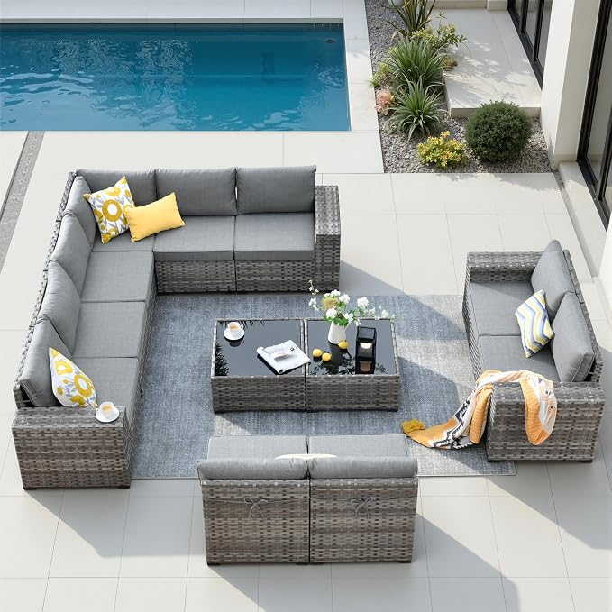 12 Pieces Patio Furniture Set, Wicker Outdoor Sectional Sofa with Coffee Table Comfy Cushions, Modern Modular Deep Seat Rattan Couch Conversation Set for Backyard Porch Yard,Dark Grey