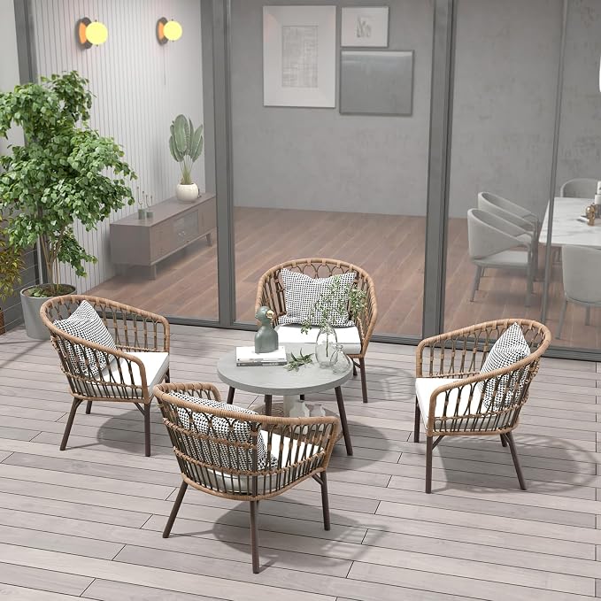 Grand patio 5-Piece Patio Conversation Sets with Cushion, Outdoor Bistro Set with Wicker Chairs & Round Table for Balcony, Patio, Deck, Tan