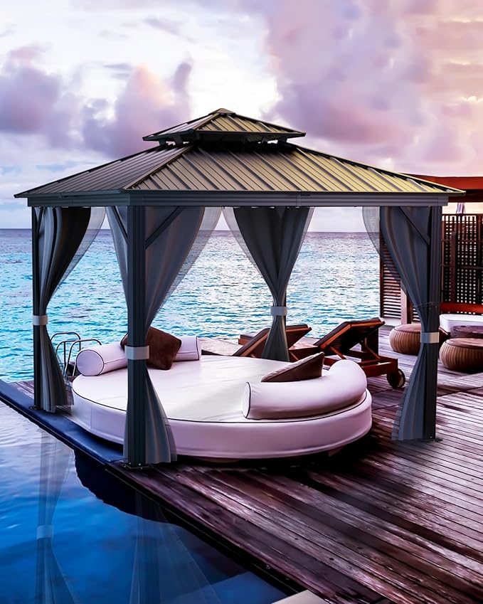 GarveeLife Hardtop Gazebo 12 ft x12 ft for All Weather, with Double Metal Roof, Aluminum Alloy Frame, Net, and Curtain, Permanent Building for Patio, Deck, Backyard, Lawn, and Garden