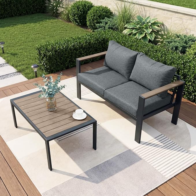 Patio Furniture Set Loveseat and Coffee Table All-Weather Patio Sofa with Washable Thick Cushions, Deluxe Aluminum Modern Outside Sectional for Porch, Balcony, Deck, Yard, Light Gray