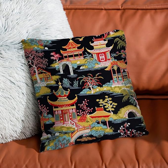 Chinoiserie Charcoal Coral Pagoda Asian Throw Pillow Covers Chinoiserie Chic Asian Pillowcase 24x24 INRetro Accent Outdoor Garden Decoration for Sofa Patio Couch
