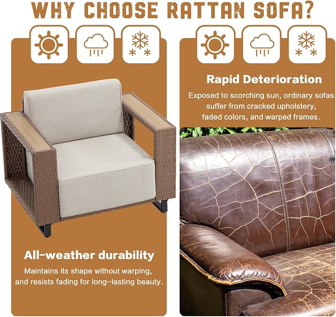 MOCHITO 3 Pieces Outdoor Patio Furniture Sets, All-Weather Sectional Sofa PE Rattan Wicker Conversation Set, Outdoor Patio sectional for Poolside, Porch, Lawn, Garden, Balcony(Beige)