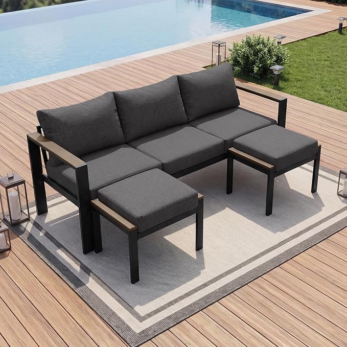 Patio Furniture Set 3 Seats Sofa and Ottoman All-Weather Patio Sofa with Washable Thick Cushions, Deluxe Aluminum Modern Outside Sectional for Porch, Balcony, Deck, Yard, Dark Gray