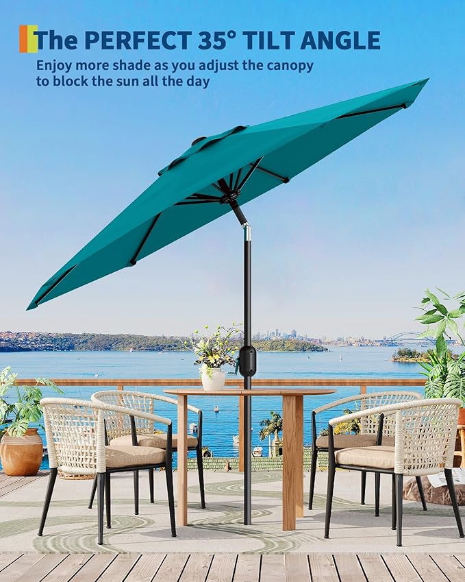 15FT Rectangular Patio Umbrella With Solar Lights & Base Included - Large Patio Umbrella With Crank Handle, UV Protection for Outdoor Market, Lawn, Backyard, Pool