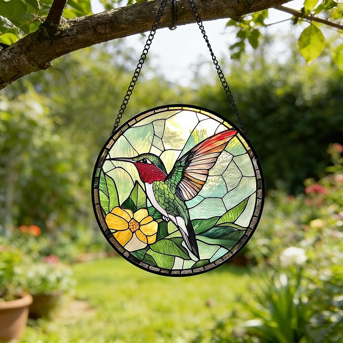 Stained Glass Window Hanging, Green Hummingbird Sun Catcher for Door Home Decor, Birds Suncatcher Christmas Mother's Day Birthday Gifts for Bird Lovers Women Men Mom and Nana 11.8 in