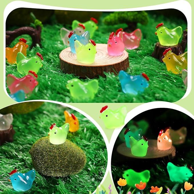 80 Pcs Luminous Mini Chicken, Resin Miniature Animal Figures in 8 Colors - Glow in Dark, Perfect for DIY Projects, Garden, Dollhouse, Aquarium Decor - Glows at Night