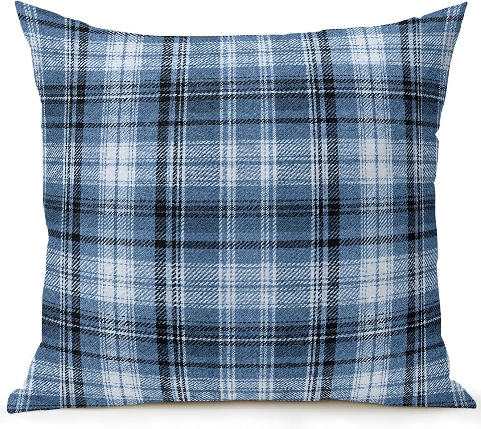 Waterproof Outdoor Pillow 1 Pack Blue Checked Plaid Decorative Throw Pillows Cover & Insert 16x16 Inch Pillowcase Stripes Woven Grid Square Pillows for Couch Sofa Bed Patio Furniture Indoor Outdoor