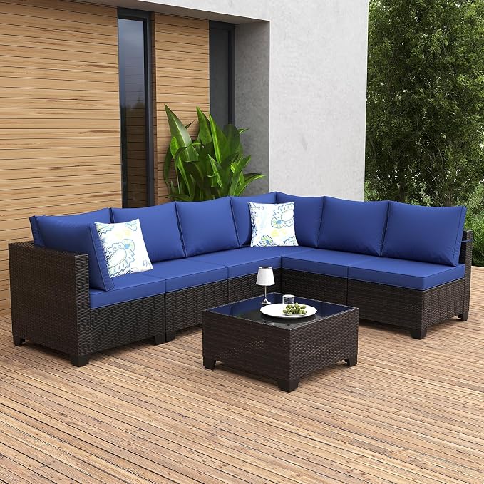7 Pieces Patio Furniture Set, Outdoor Sectional Rattan Sofa Set, Wicker Patio Conversation Set with Cushions and Glass Coffee Table, for Balcony, Porch, Garden, (Brown/Blue)
