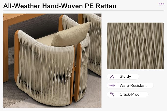PURPLE LEAF Outdoor Dining Set for 6 with Blended Olefin Cushion Aluminum Luxury Patio Furniture Table and Chairs Set All Weather Wicker Patio Dining Sets for Backyard Garden Deck Poolside, Teak