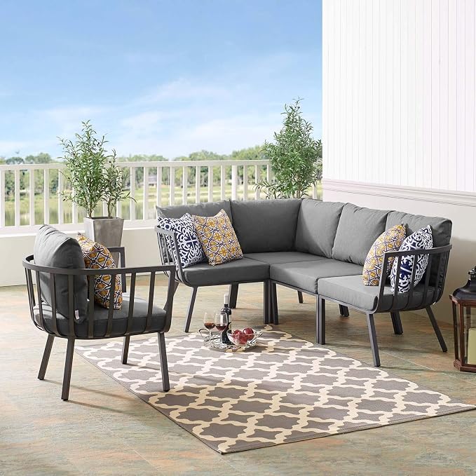 Modway Riverside 5 Piece Outdoor Patio Aluminum Set in Gray Charcoal