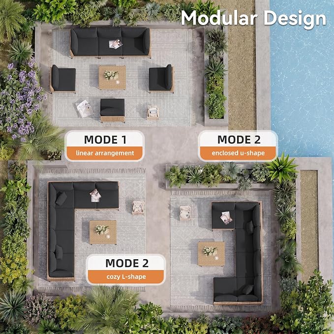 Aoxun 5-Piece Patio Furniture Set, Wicker Outdoor Furniture with Water Resistant Thick Cushions, Patio Conversation Set Outdoor Sectional Sofa with Coffee Table for Backyard Poolside, Black