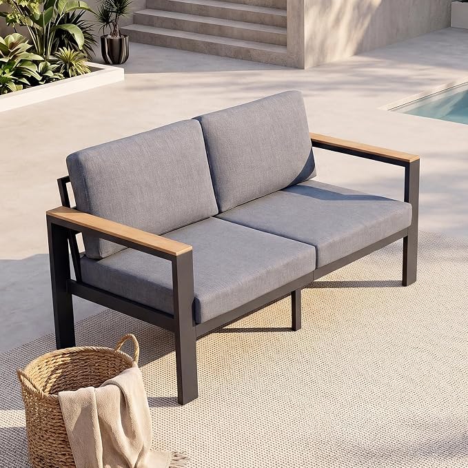 Aluminum Outdoor Patio Furniture Loveseat, All-Weather 2-Seat Patio Sofa with Rust-Resistant Frame and Water-Resistant Easy-Clean Cushions for Porch, Deck, Backyard, Gray