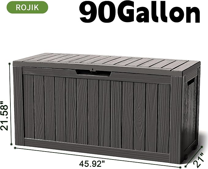 ROJIK Outdoor Storage Housing Deck Box - Waterproof Patio Furniture, Garden Tools, Cushions, Pool Accessories Storage Bench with Lockable Lid and Side Handles (Black 90 Gal)