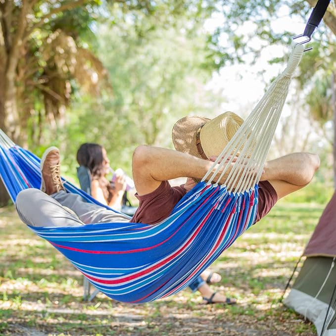 Bliss Hammocks 40" W Single Outdoor Hammock with Hand-Woven Rope Loops & Tree Straps, Patio, Durable, Cotton/Polyester, 220 Lbs Capacity, Patriot Stripe